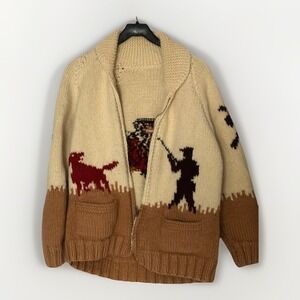 Vintage 50s Handmade Pheasant Hunting Chunky Knit Wool Cowichan Sweater